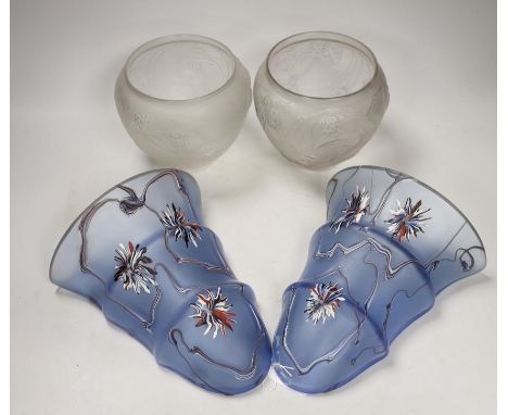 Two R. Lalique Nefliers vases, 14cm high, and a pair of blue enamelled glass wall pockets
