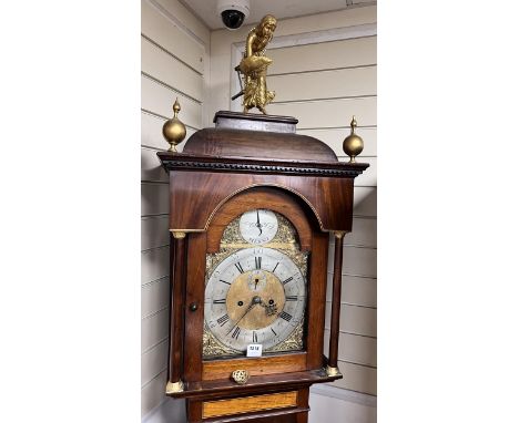 A George III and later inlaid mahogany eight day longcase clock, with gilt figural finial, J.Cowen, London, height 250cm