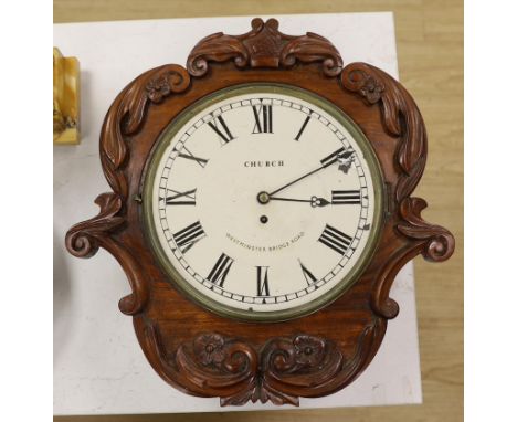 A Victorian carved mahogany fusee drop dial wall clock, Church of London, 52cm