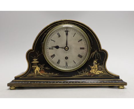 A black chinoiserie japanned mantel clock, 28cm wide