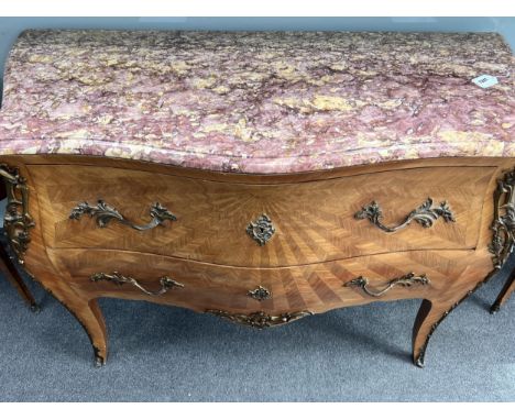 A French Louis XVI style parquetry bombe fronted rouge marble topped commode, width 120cm, height 85cm
