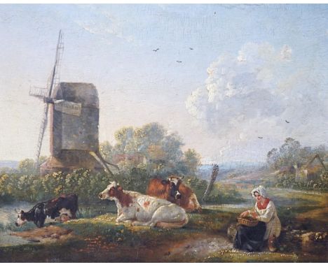 19th century English School, oil on wooden panel, Woman and cattle beside a windmill in a landscape, 27 x 31cm