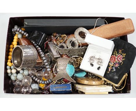 A group of assorted jewellery and white metal items etc., including filigree compact and bracelet, lipstick holder, Mexican s