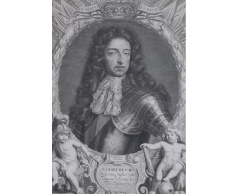 Gerard Valk after Sir Godfrey Kneller, copper engraving, 'Gulielmus III', visible sheet 56 x 41cm, label from Sanders of Oxfo