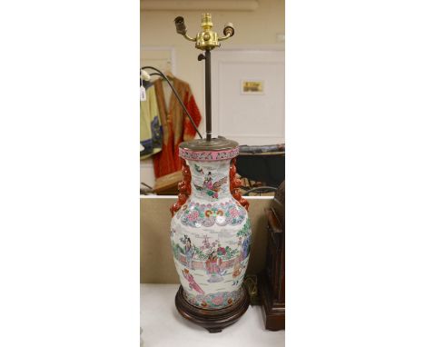 A Chinese famille rose ‘immortals’ vase converted to a lamp, 54cm to top of vase