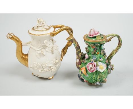 Toy porcelain. A Rockingham flower encrusted rosewater sprinkler and an English porcelain flower encrusted rosewater sprinkle