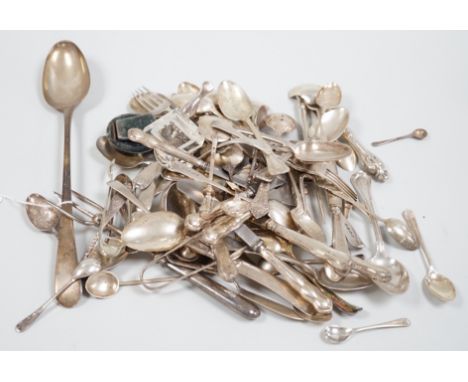 Sundry silver and white metal flatware including a George III silver Old English pattern basting spoon, London, 1782, teaspoo