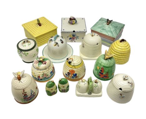 Clarice Cliff for Wilkinson Ltd Crocus Bizarre beehive honeypot painted in the Crocus pattern, together with two beehive Besw
