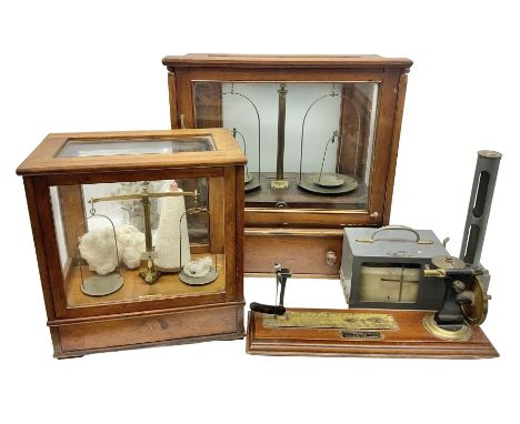 Collection of textile equipment, comprising, Goodbrand &amp; Co. mahogany and brass yarn tester, Negretti &amp; Zambra barogr