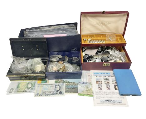 Coins, stamps and costume jewellery, including Bank of England Page five pounds '60K 031455', pre decimal coinage, commemorat