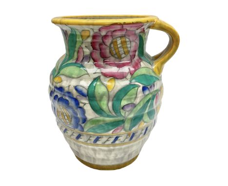 Charlotte Rhead Crown Ducal jug, decorated in the Persian Rose pattern, with printed and painted marks beneath
