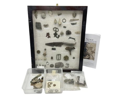 Collection of metal detector finds, to include Neolithic, Roman, medieval  specimens, musket balls, book bindings, tokens, sh