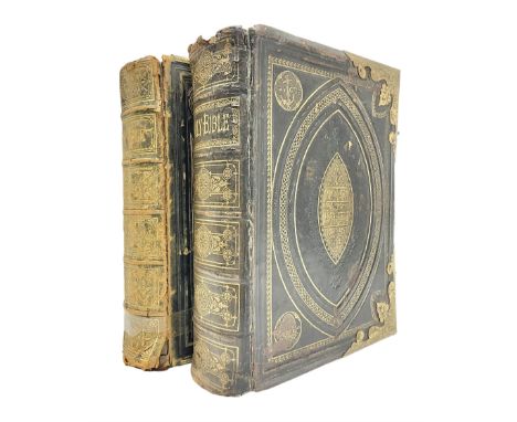 Two 19th century leather bound Browns self interpreting family bibles with colour lithographic book plates, H34cm