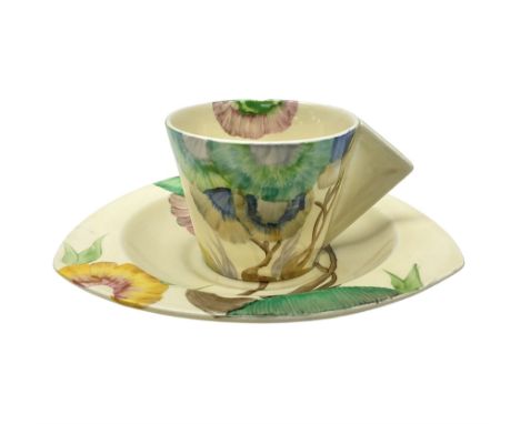 Clarice Cliff for Wilkinson Pottery, Viscaria pattern, conical tea cup and saucer, circa 1935, black printed mark beneath, H7