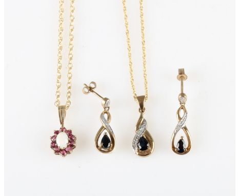 A part-suite of sapphire and diamond jewellery, comprising a pair of earrings and a pendant with chain, pendant and chain sta