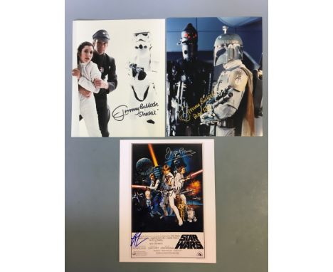 Two photographs signed by Jeremy Bulloch, one marked Sheckil, with a Star Wars photocopy of a 1977 poster signed by George Lu