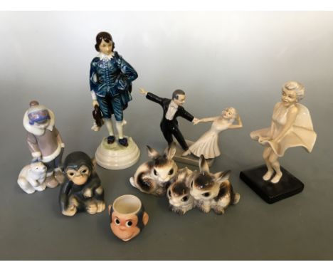 Seven various figurines including Goebel blue suited man, monkeys and rabbits, Lladro Inuit and polar bear, with Manor Limite