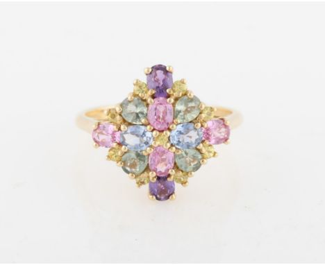 A hallmarked 9ct yellow gold multi-gemstone cluster ring, ring size R.