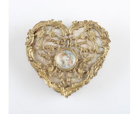 A Victorian silver gilt heart shaped trinket box, lid featuring mother of pearl panel overlaid with open metalwork bird and f