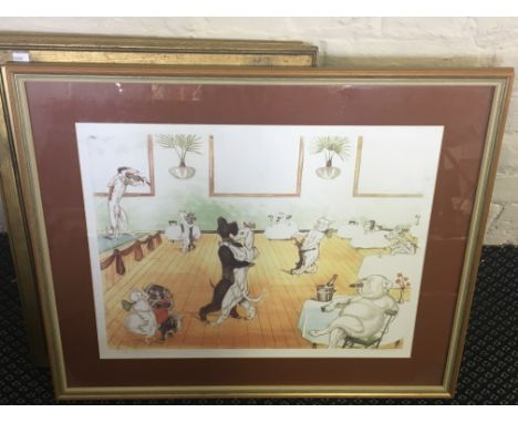 Framed, glazed print of interior scene with dogs, titled Le Bal Tahain, indistinctly signed together with a framed, glazed wa