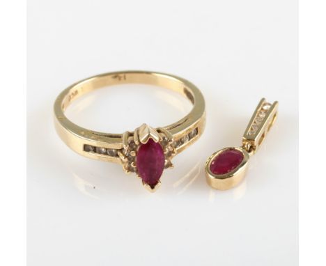 A ruby and diamond ring, set with a central marquise cut ruby with diamond accents to either side and channel set into should