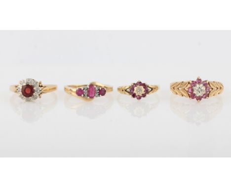 A collection of three hallmarked 9ct yellow gold ruby and diamond rings, together with a hallmarked 9ct yellow gold garnet an