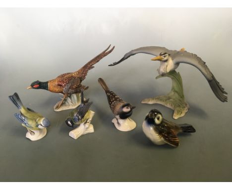 Six Goebel bird figurines, including heron, pheasant, great Titmouse, etc.