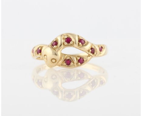 A hallmarked 9ct yellow gold ruby snake design ring, set with nine round cut rubies, ring size U½.