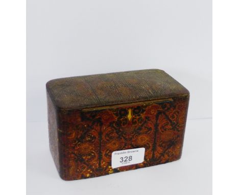 A vintage tin with a faux tapestry pattern, the hinged lid with a velvet interior, 15cm long