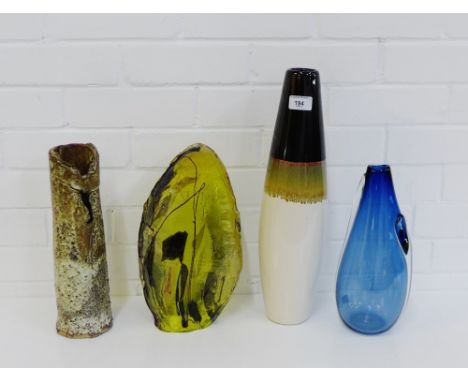 A mixed lot to include two art glass vases, a studio pottery vase and a contemporary pottery vase, tallest 45cm, (4)