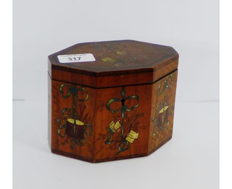 A painted burr wood octagonal caddy, 15 x 11cm