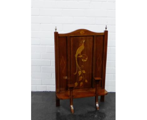 A mahogany and inlaid fire screen with bird pattern and urn finials,  78 x 52cm
