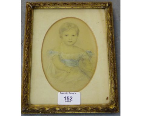 19th Century School 'Portrait of a Young Child' Pencil and watercolour, in a glazed gilt wood frame, 10 x 15cm 