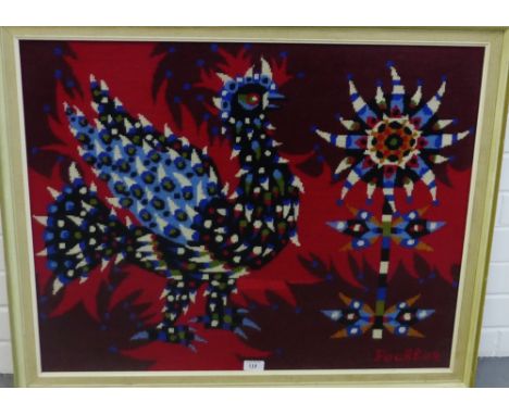 20th Century School 'Tapestry of a Cockerel' in a glazed frame, 77 x 62cm 