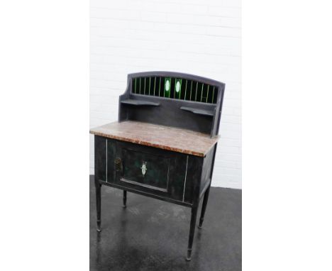 A grey painted wooden washstand with Art Nouveau green tiled splash back and red marbled top 