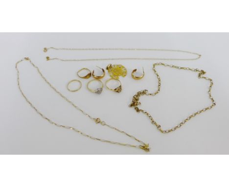 A collection of 9 carat gold to include  two gemset dress rings together with a wedding band, heart shaped signet ring, hoop 