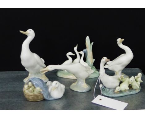 A collection of Lladro and Nao Geese porcelain figures, (6) 