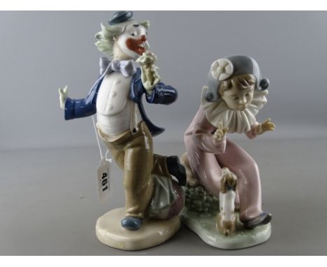 Two Nao porcelain figurines of a young Pierrot with puppy and a clown with a bouquet of flowers