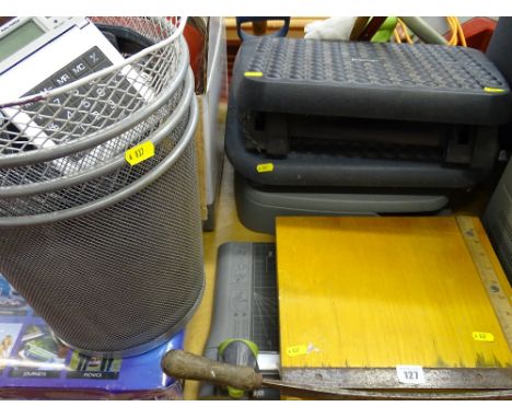Parcel of office waste bins including contents of calculator, staplers etc, two paper guillotines and a Fellowes office step/
