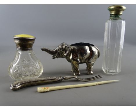 Guilloche enamel and silver topped scent bottle with one other, a white metal elephant pin cushion etc
