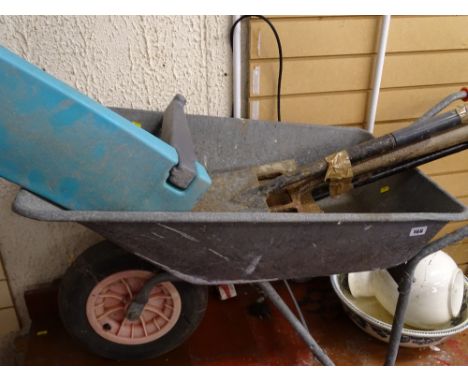 Galvanized garden barrow with long handled tools and kneeler