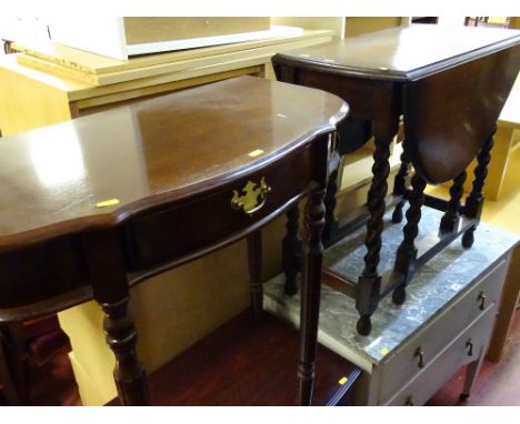 Reproduction mahogany single drawer hall table and a neat oak barley twist gate leg table