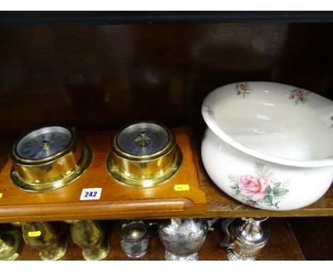 Ship's style clock and barometer on a wooden plaque and a Price Kensington chamber pot