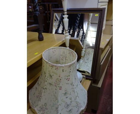Onyx and brass standard lamp with shade and a dark wood framed mirror E/T