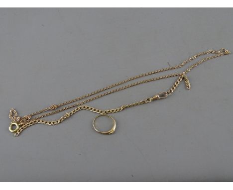 Two unmarked and untested yellow metal chains and a ring, 7 grms gross