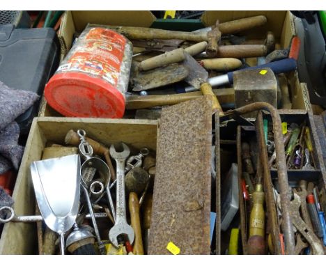 Cantilever toolbox and contents, box of garage and garden hand tools and a wooden box of spanners and tools etc