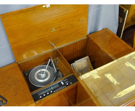 Vintage walnut radiogram by Dynatron with Garrard model 40B turntable with incorporated speakers along with a similarly style