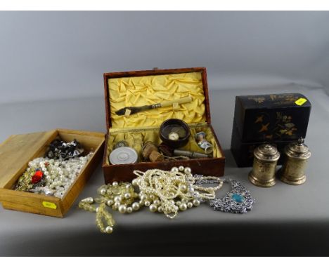 Interesting group of collectables including an Oriental lacquerwork tea caddy containing two white metal lidded canisters tit