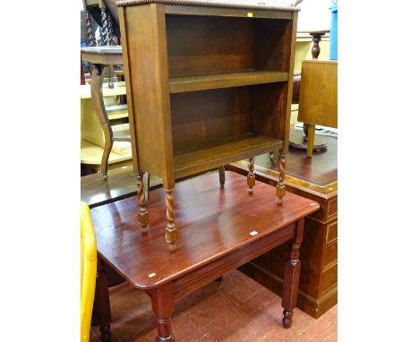 Mahogany effect table, a polished three shelf bookcase on barley twist supports and a long handled bedwarmer