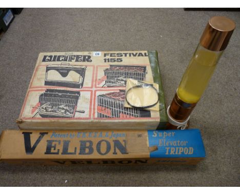 Boxed Super Velbon tripod stand, a boxed garden grill and a vintage lava lamp